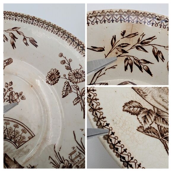 Antique New Wharf Pottery Tennyson Saucers Plates 2 Brown White Transferware 6" - Picture 9 of 12